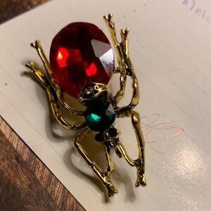 Gold Beetle Brooch with Red and Green Gemstones
